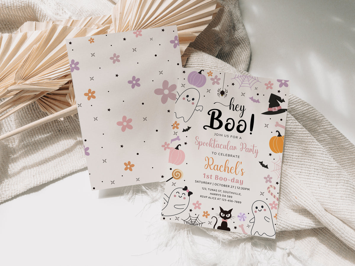 Halloween Ghost Birthday Invitation Hey Boo Ghost Party Spooktacular Halloween Party Girly Cute Editable Printable Download, Retro 0370