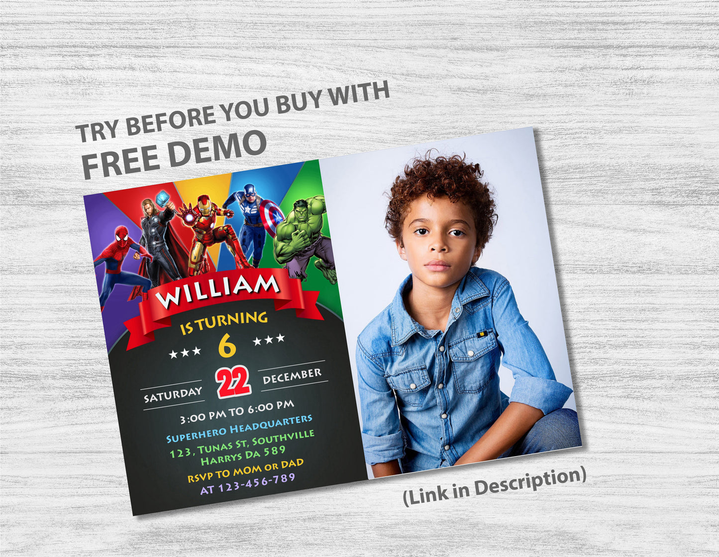 Superhero Photo Birthday Invitation Template, Printable Photo Invitation, Boy Birthday, Evite, Digital Invite, 0313
