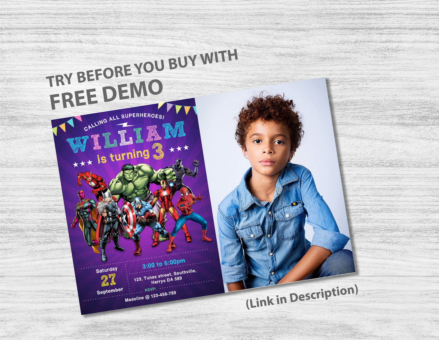 Superhero Photo Birthday Invitation Template, Printable Photo Invitation, Boy Birthday, Evite, Digital Invite, 0033