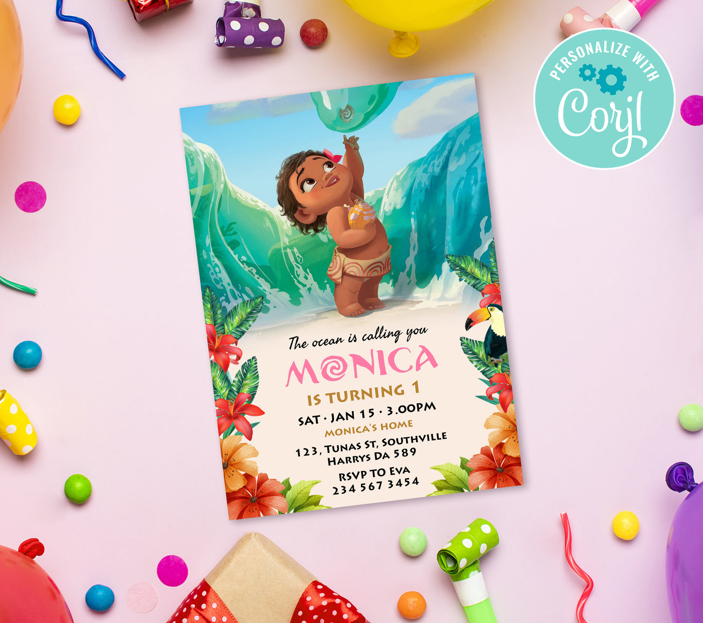 Baby Moana Birthday Invitation Template, Printable Invitation, Girl Birthday, Evite, Digital Invite, 0073