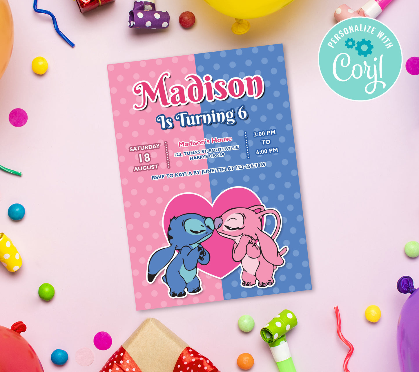 Stitch Birthday Invitation Template, Printable Invitation, Girl Birthday, Evite, Digital Invite, 0069