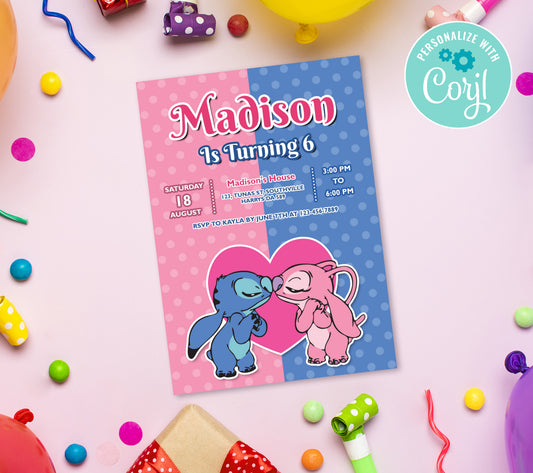 Stitch Birthday Invitation Template, Printable Invitation, Girl Birthday, Evite, Digital Invite, 0069