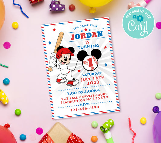 Mickey Baseball Birthday Invitation Template, Printable Invitation, Boy Birthday, Evite, Digital Invite, 0040