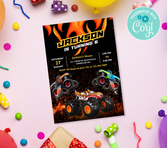 Monster Truck Birthday Invitation Template, Printable Invitation, Boy Birthday, Evite, Digital Invite, 0109