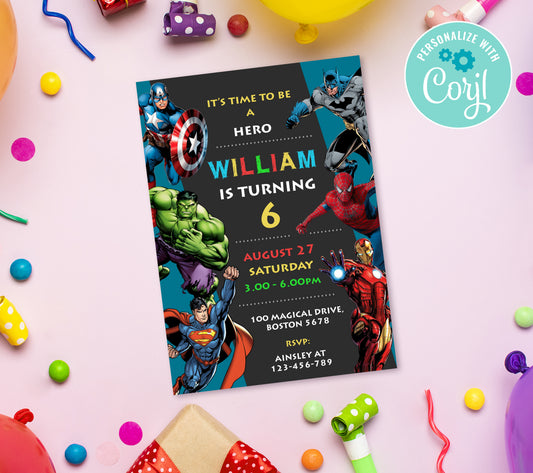 Superhero Birthday Invitation Template, Printable Invitation, Boy Birthday, Evite, Digital Invite, 0029