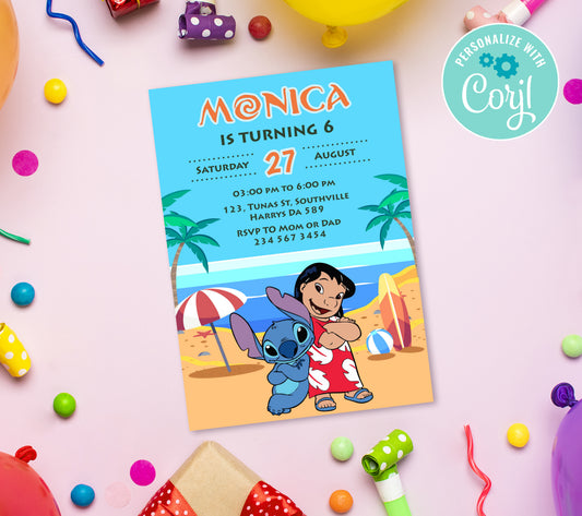 Lilo & Stitch Birthday Invitation Template, Printable Invitation, Girl Birthday, Evite, Digital Invite, 0099