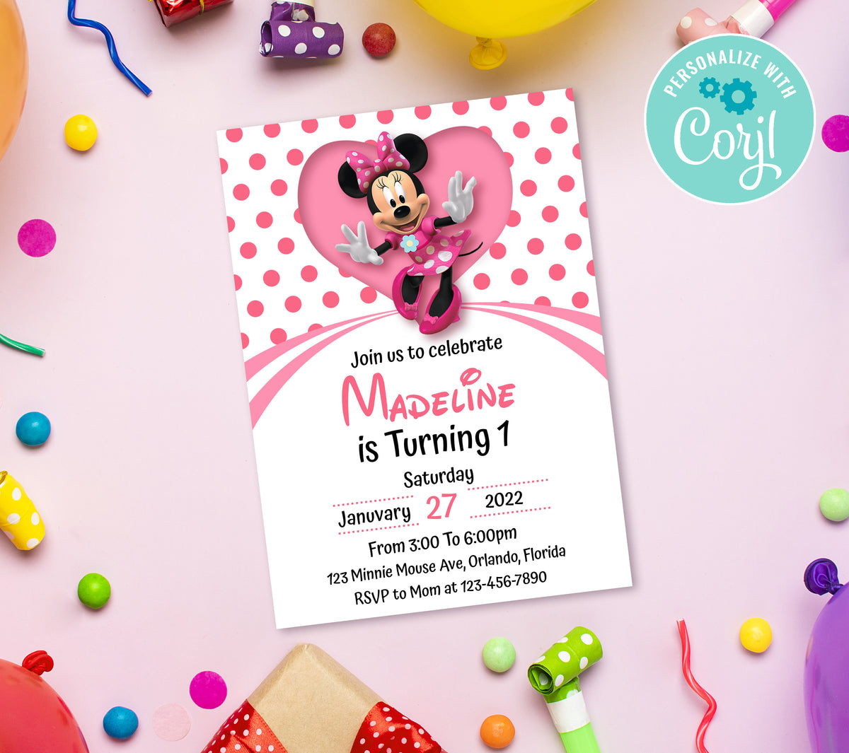 Minnie Birthday Invitation Template, Printable Invitation, Girl Birthday, Evite, Digital Invite, 0036