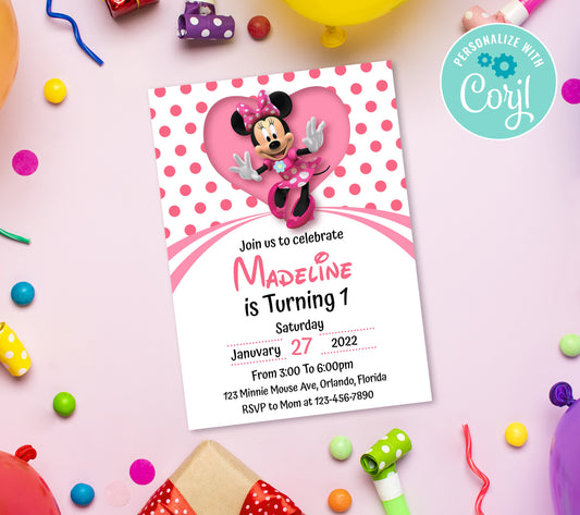 Minnie Birthday Invitation Template, Printable Invitation, Girl Birthday, Evite, Digital Invite, 0036