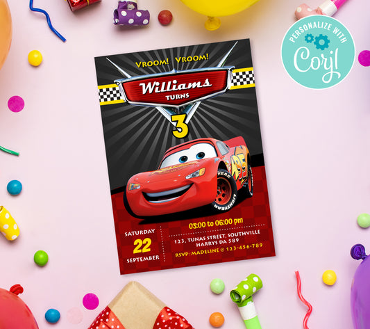 Cars Birthday Invitation Template, Printable Invitation, Girl Birthday, Evite, Digital Invite,  0015