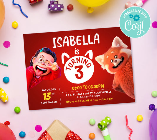 Turning Red Birthday Invitation Template, Printable Invitation, Girl Birthday, Evite, Digital Invite, 0053