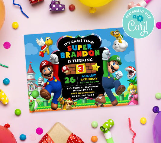 Super Mario Birthday Invitation Template, Printable Invitation, Boy Birthday, Evite, Digital Invite, Edit yourself Corjil 0046