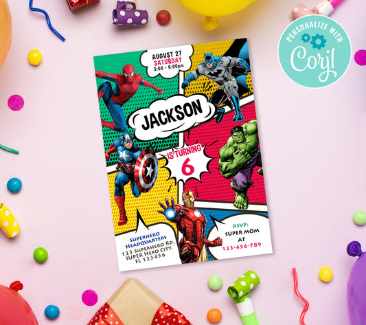 Superhero Birthday Invitation Template, Printable Invitation, Boy Birthday, Evite, Digital Invite,  0030