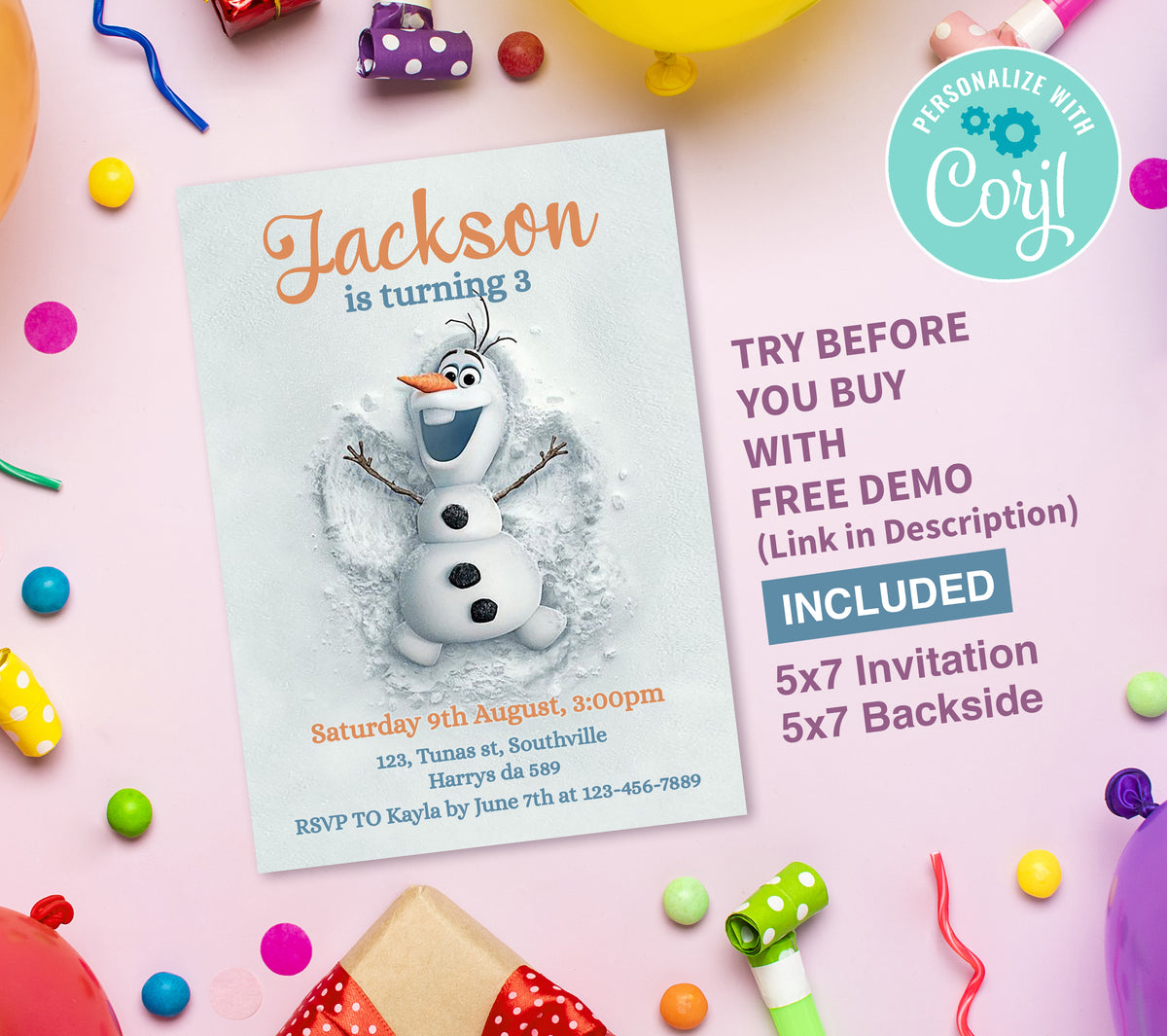 Olaf Birthday Invitation Template, Printable Invitation, Boy Birthday, Evite, Digital Invite, 0093
