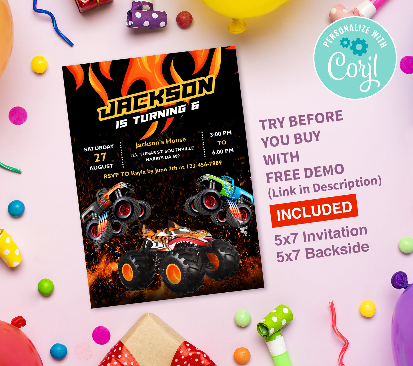Monster Truck Birthday Invitation Template, Printable Invitation, Boy Birthday, Evite, Digital Invite, 0109