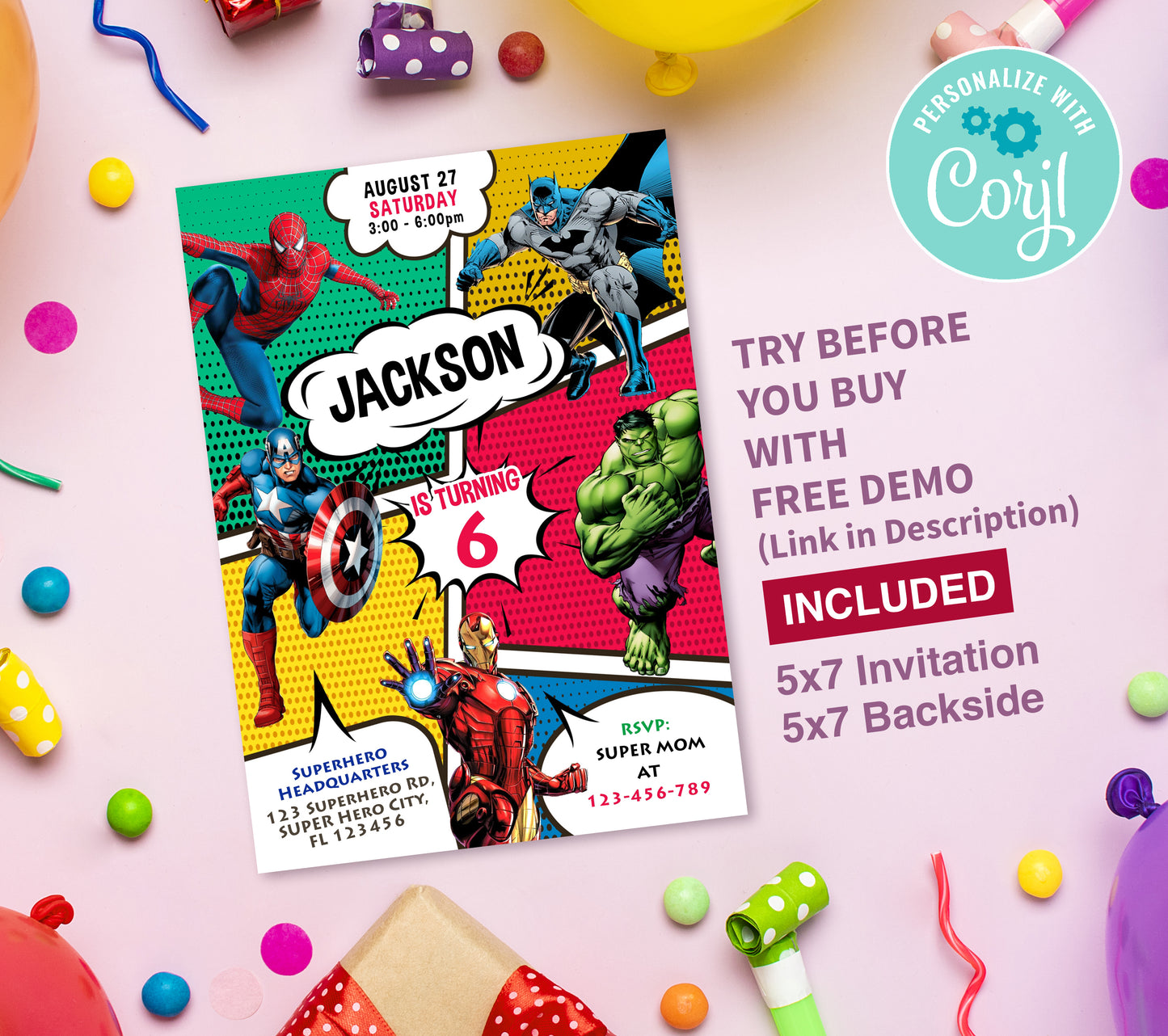 Superhero Birthday Invitation Template, Printable Invitation, Boy Birthday, Evite, Digital Invite,  0030