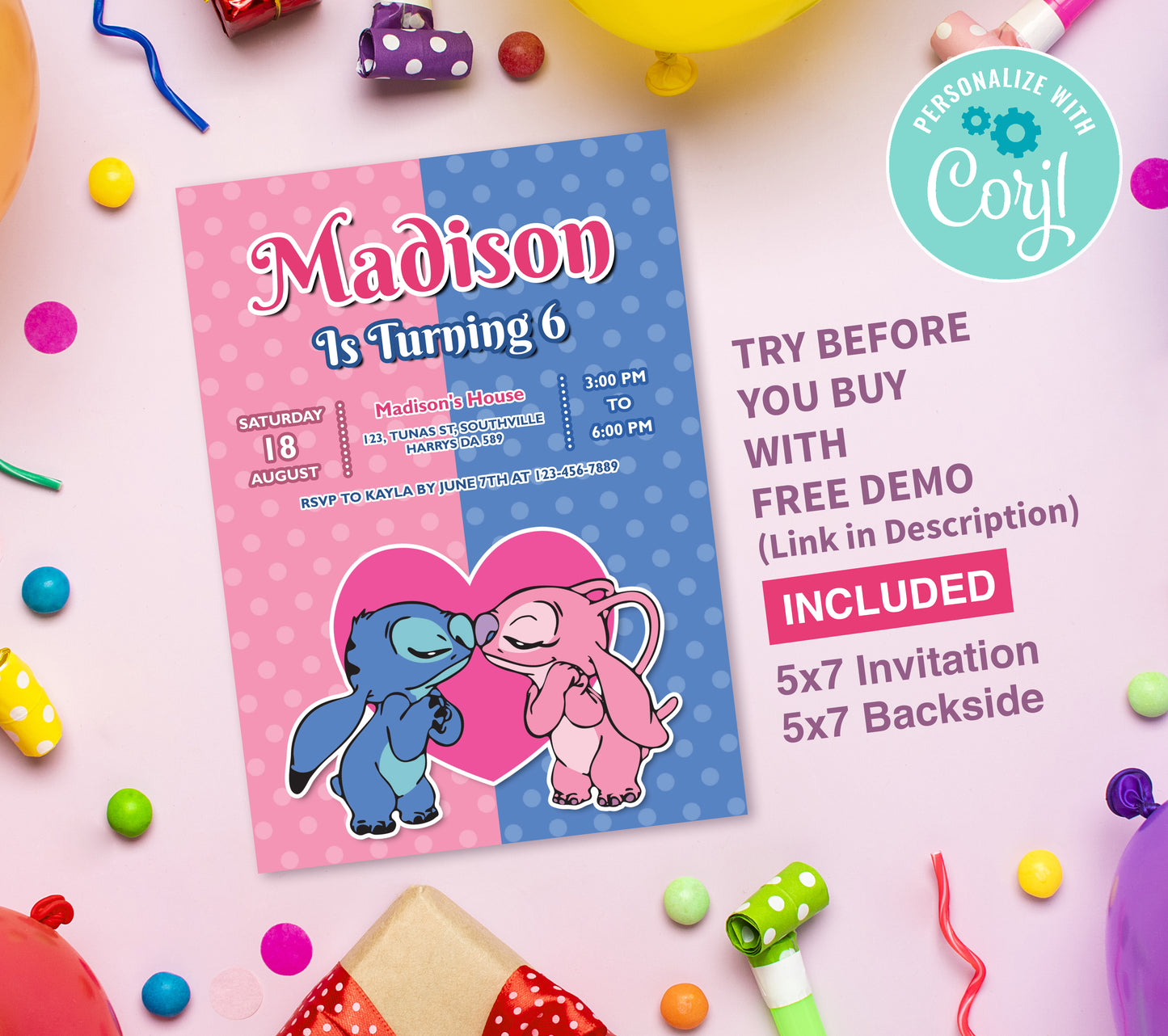 Stitch Birthday Invitation Template, Printable Invitation, Girl Birthday, Evite, Digital Invite, 0069