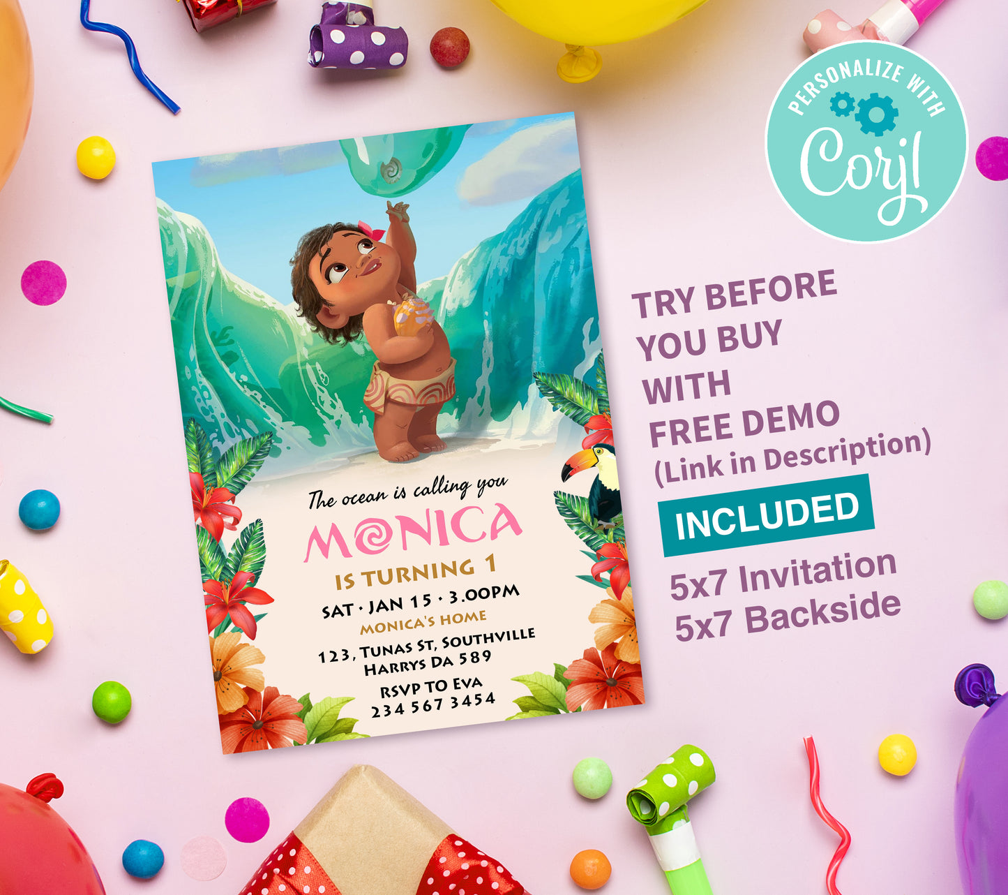 Baby Moana Birthday Invitation Template, Printable Invitation, Girl Birthday, Evite, Digital Invite, 0073