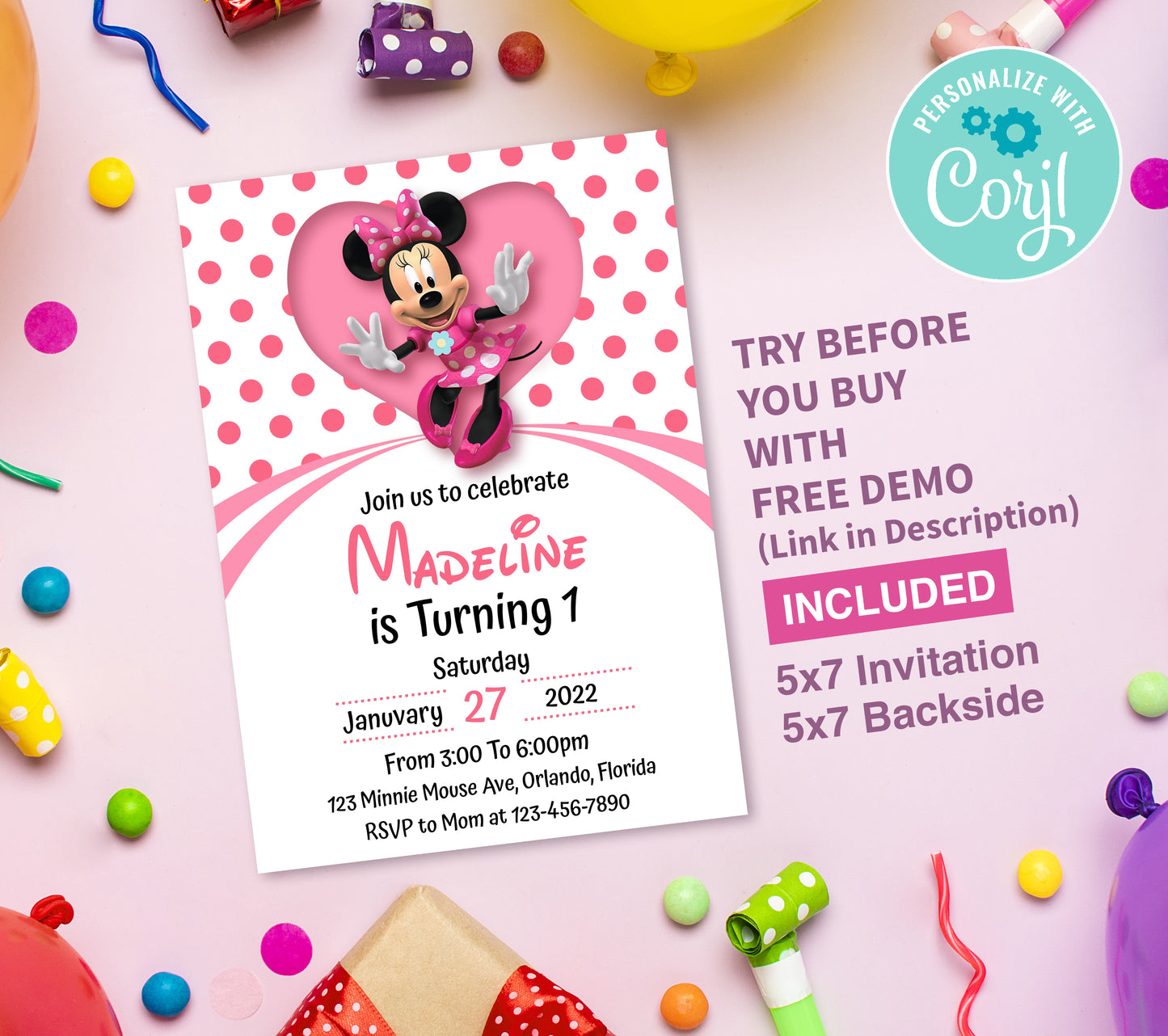 Minnie Birthday Invitation Template, Printable Invitation, Girl Birthday, Evite, Digital Invite, 0036
