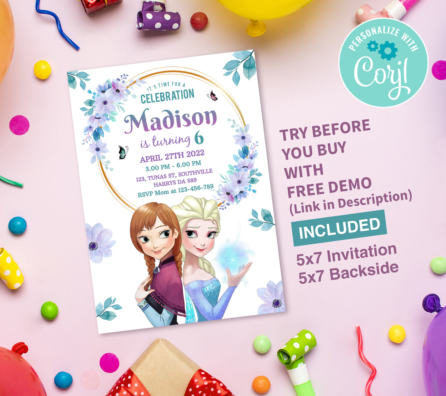 Frozen Birthday Invitation Template, Printable Invitation, Girl Birthday, Evite, Digital Invite,  0083