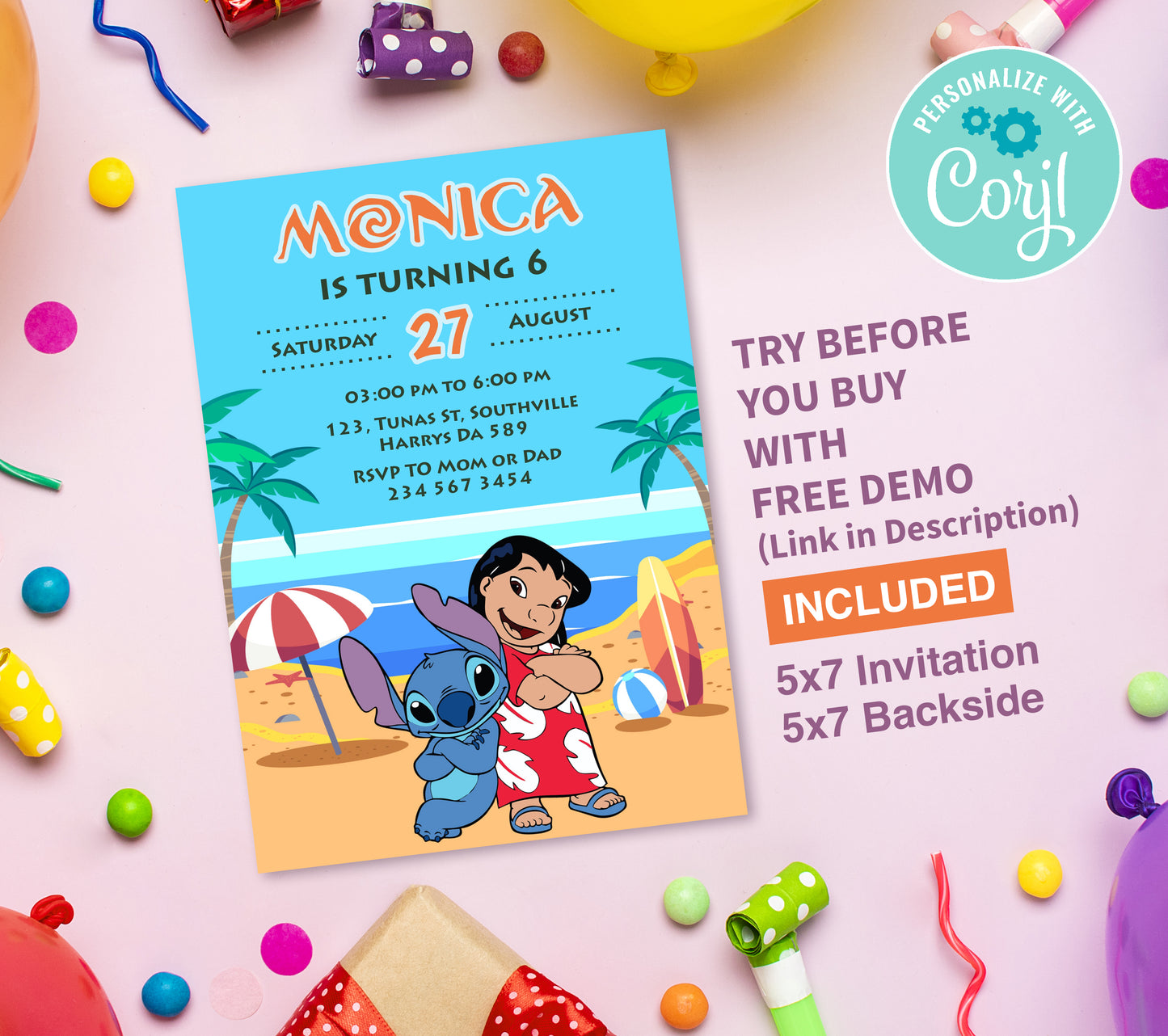 Lilo & Stitch Birthday Invitation Template, Printable Invitation, Girl Birthday, Evite, Digital Invite, 0099