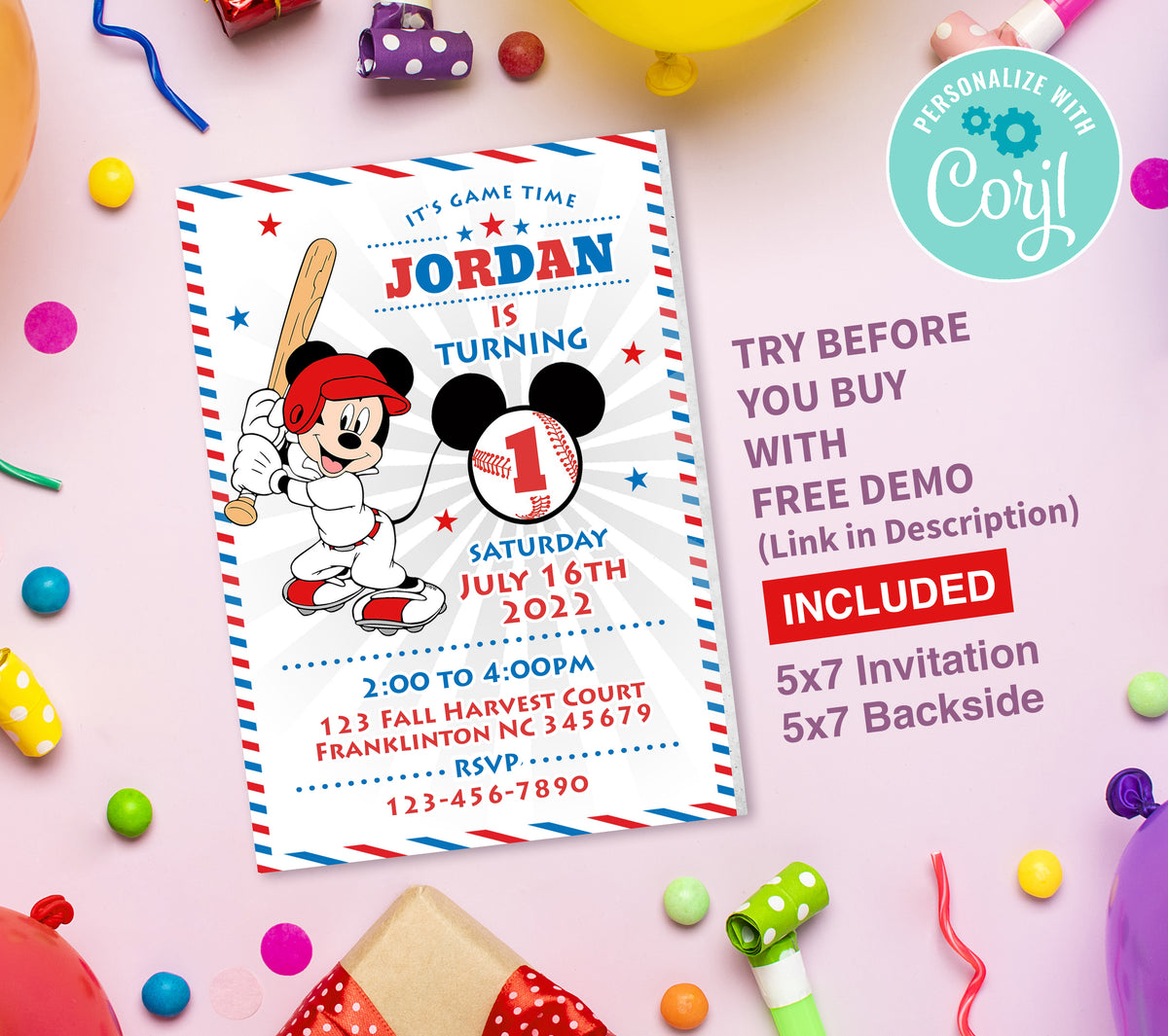 Mickey Baseball Birthday Invitation Template, Printable Invitation, Boy Birthday, Evite, Digital Invite, 0040