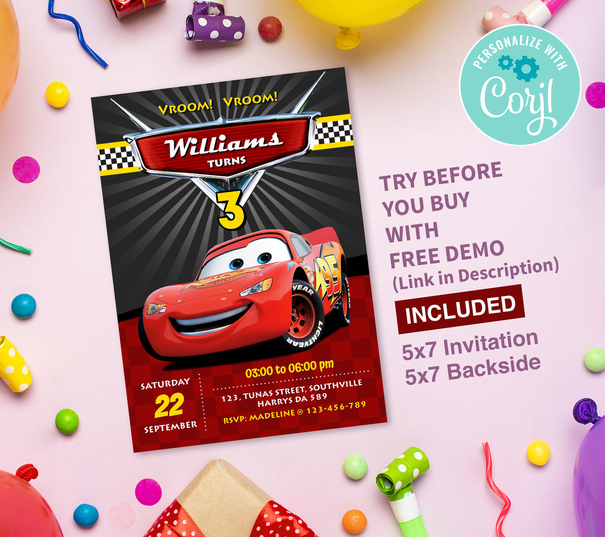 Cars Birthday Invitation Template, Printable Invitation, Girl Birthday, Evite, Digital Invite,  0015
