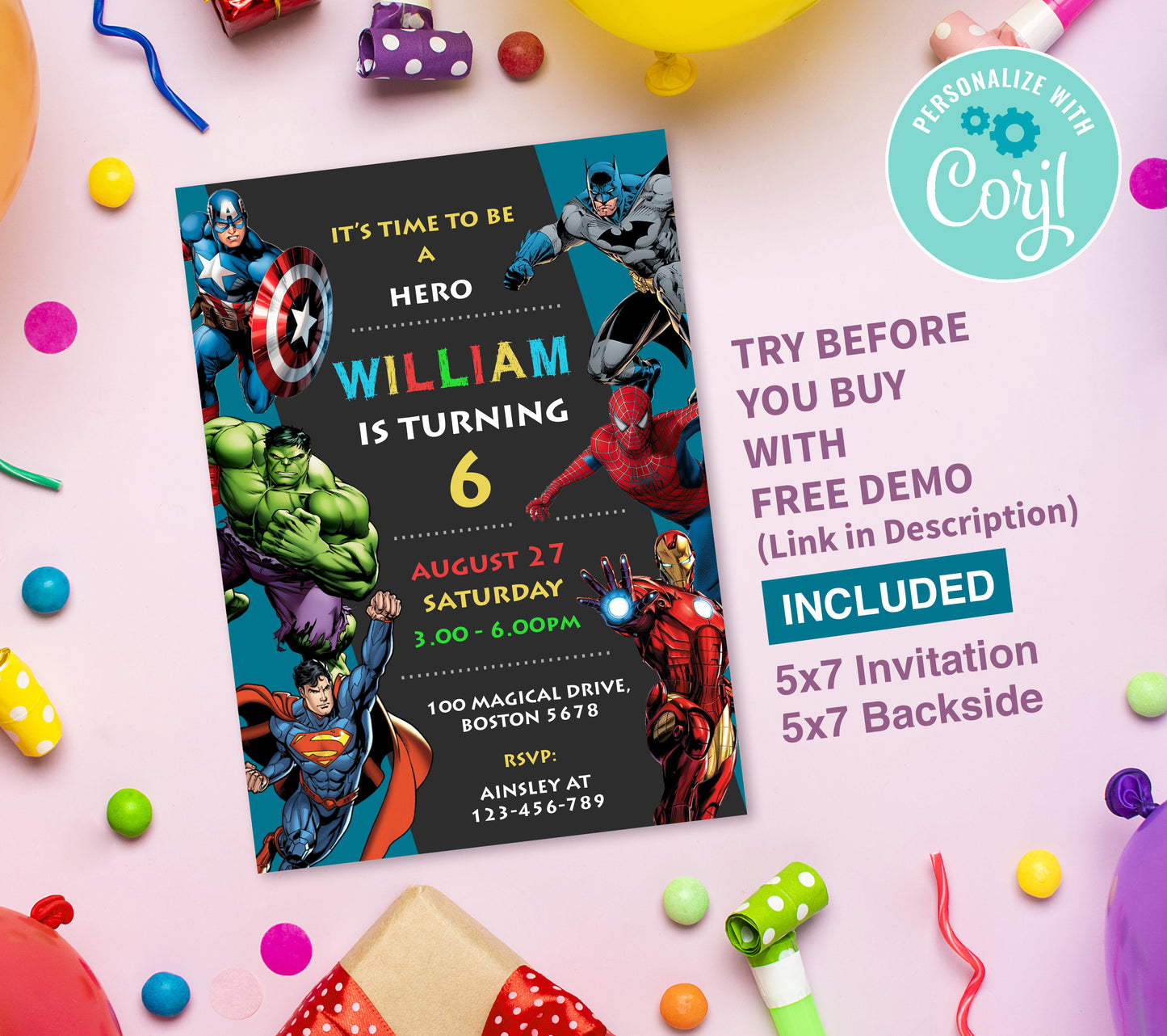 Superhero Birthday Invitation Template, Printable Invitation, Boy Birthday, Evite, Digital Invite, 0029
